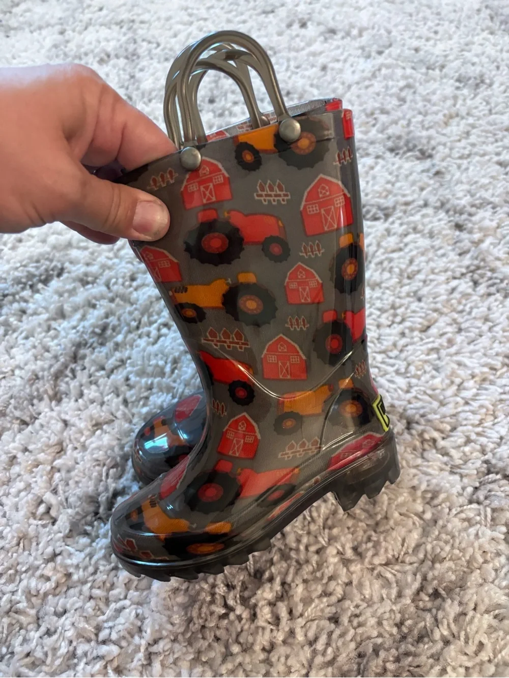 Kids Gray Rain Boots with Red & Yellow Tractor Print